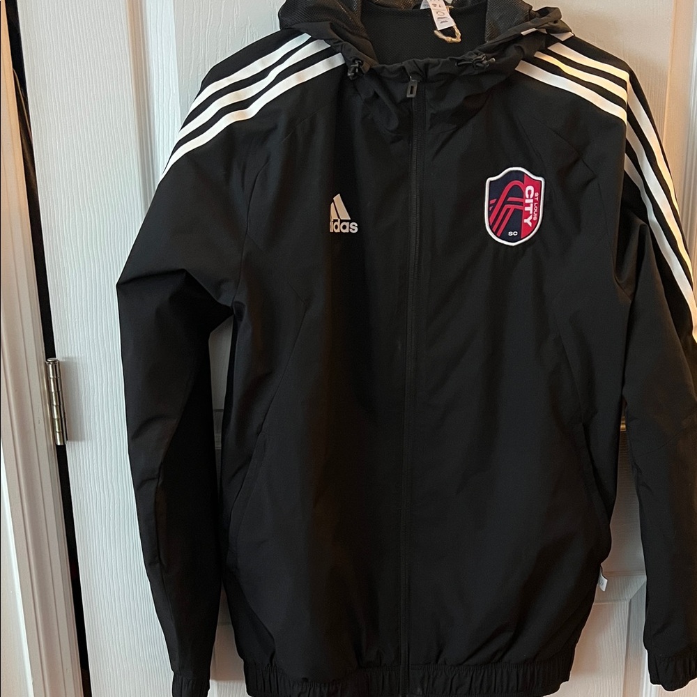City SC (STL) official Adidas women’s hooded Black Raincoat with White Accents